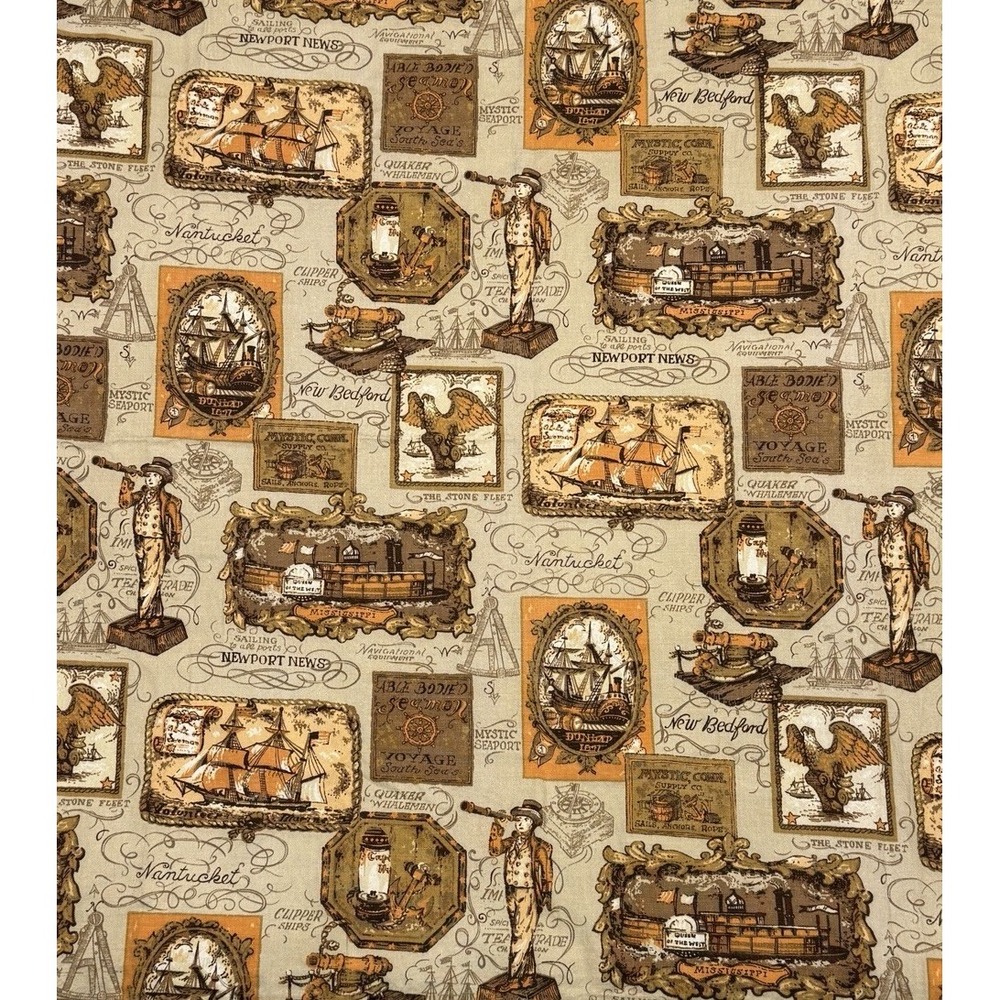 Vintage 1960s Richloom Nautical Fabric, Colonial, Whaling Ships 42x39 No Flaws